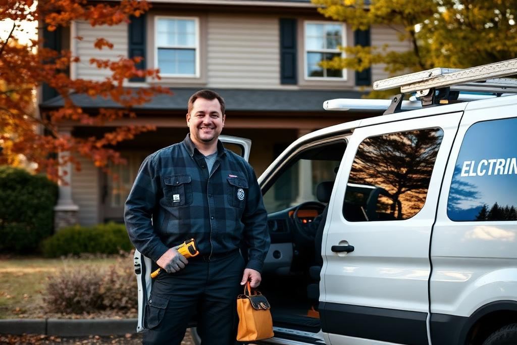 Electrician working at the service van outside a New Hampshire home