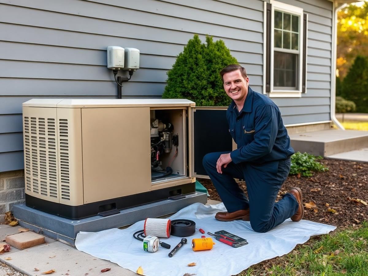 Annual service being performed on a whole-house standby generator outside a home